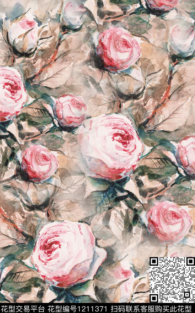 水彩花卉水墨风数码印花华亿平台下载（图片编号: 1211371） - 瓦栏（Walan）