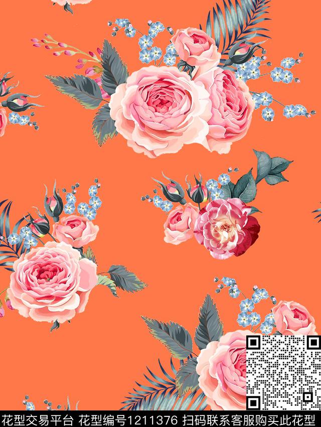 清爽底花卉植物玫瑰花数码印花华亿平台下载（图片编号: 1211376） - 瓦栏（Walan）