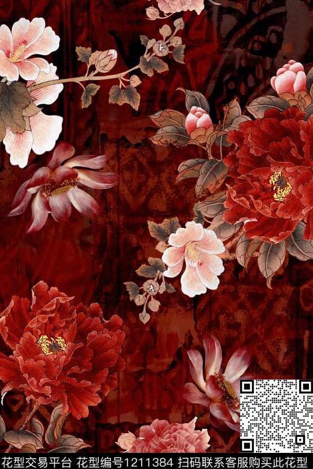 民族风牡丹国画数码印花华亿平台下载（图片编号: 1211384） - 瓦栏（Walan）