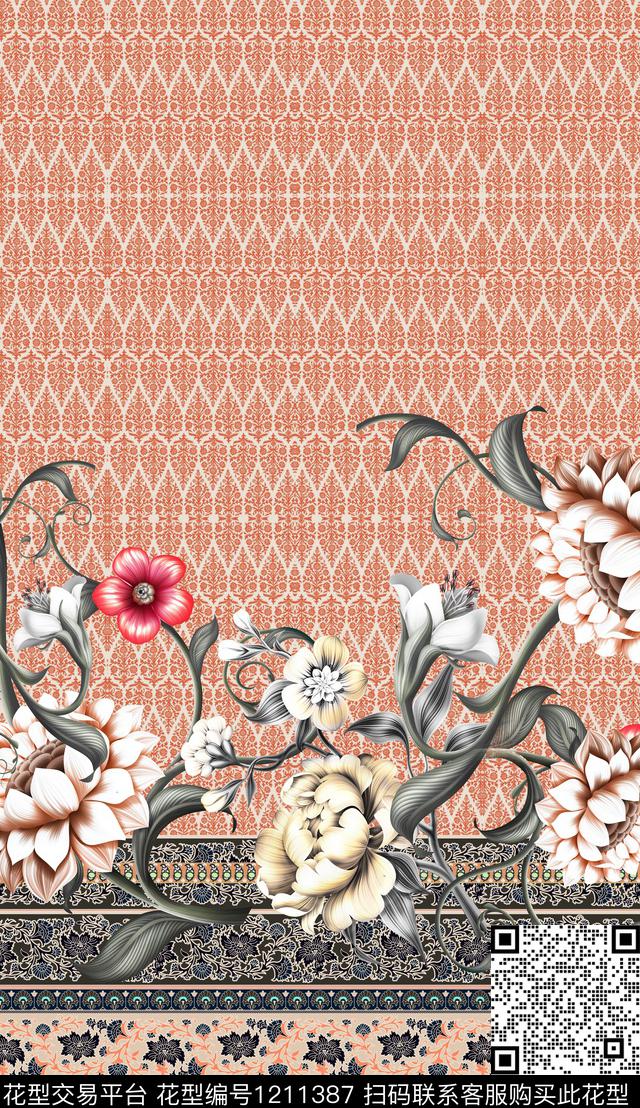大花花卉定位花数码印花华亿平台下载（图片编号: 1211387） - 瓦栏（Walan）