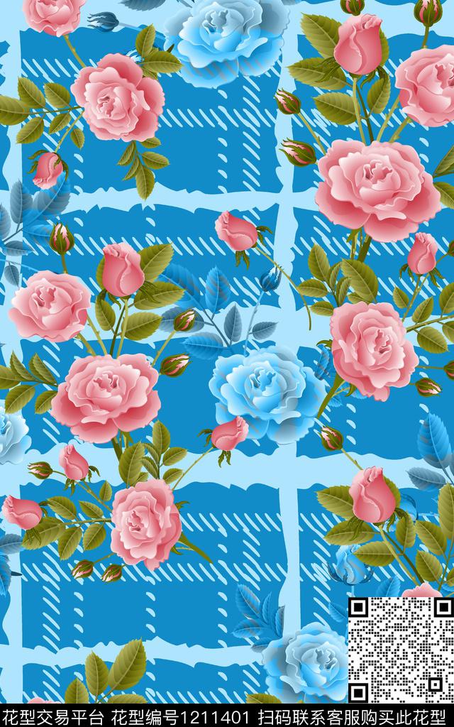 格子大牌风玫瑰花传统印花华亿平台下载（图片编号: 1211401） - 瓦栏（Walan）