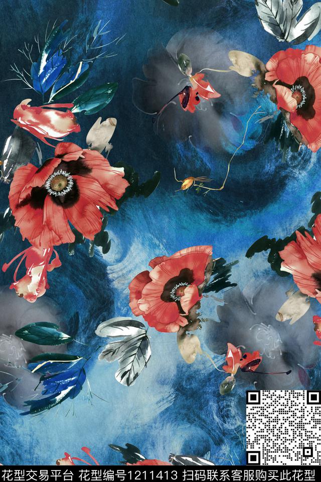 水彩花卉绘画数码印花华亿平台下载（图片编号: 1211413） - 瓦栏（Walan）