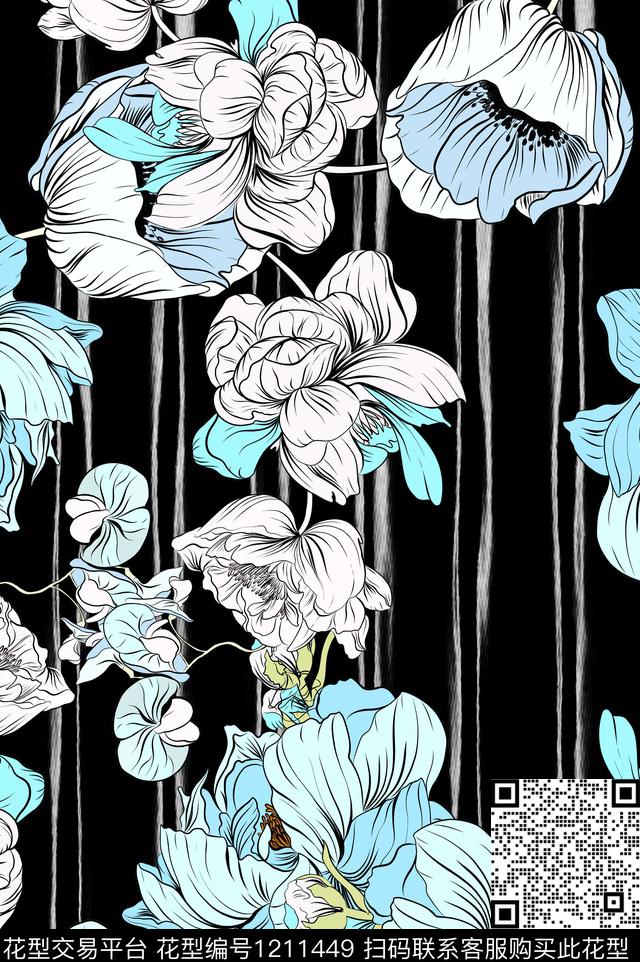 花卉线条简约数码印花华亿平台下载（图片编号: 1211449） - 瓦栏（Walan）