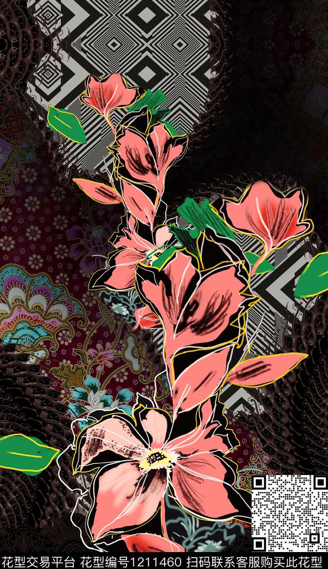 大花花卉定位花数码印花华亿平台下载（图片编号: 1211460） - 瓦栏（Walan）