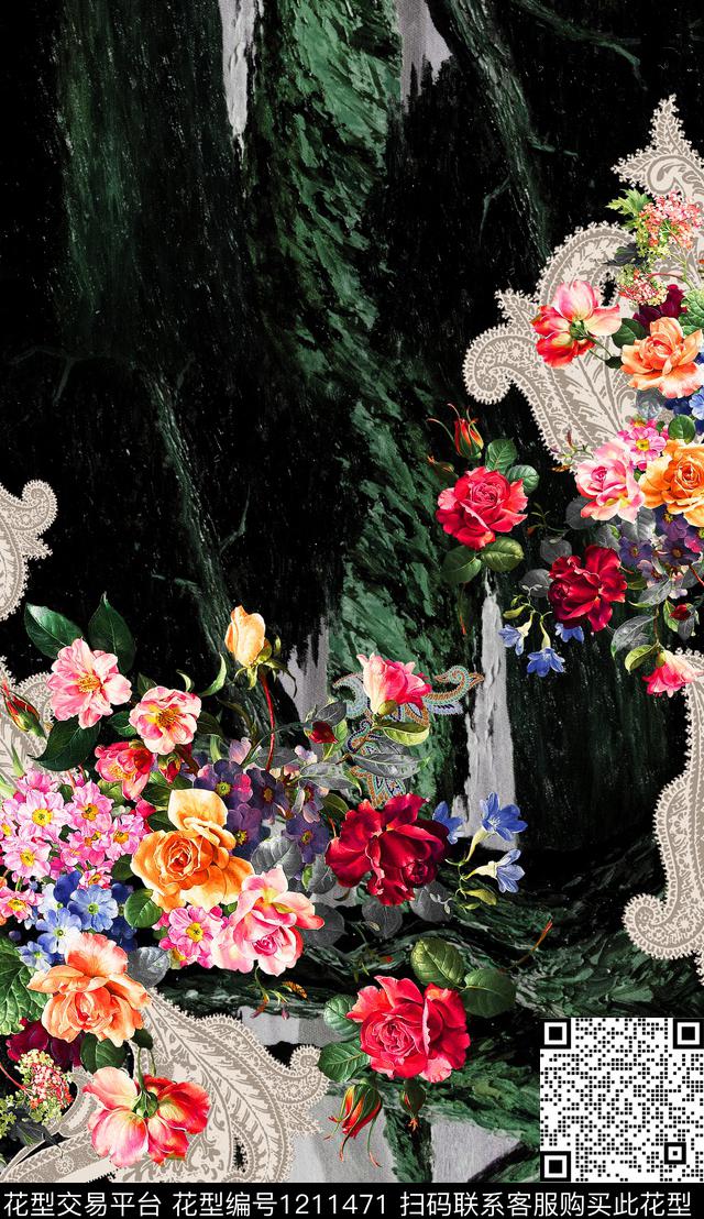 大花花卉定位花数码印花华亿平台下载（图片编号: 1211471） - 瓦栏（Walan）