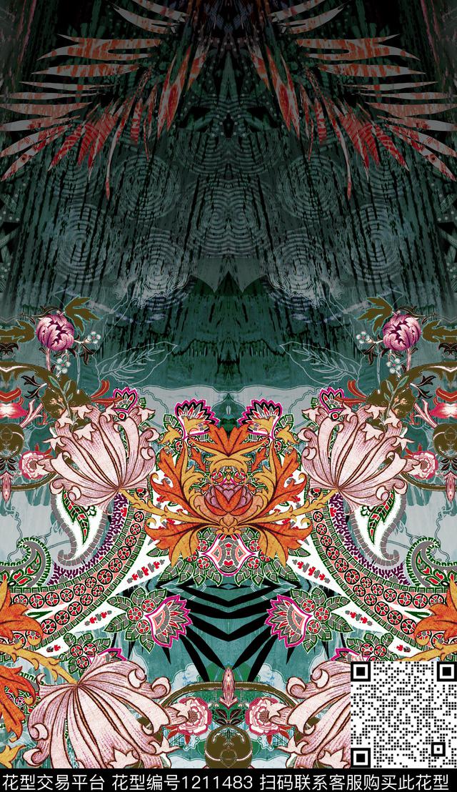 大花花卉定位花数码印花华亿平台下载（图片编号: 1211483） - 瓦栏（Walan）