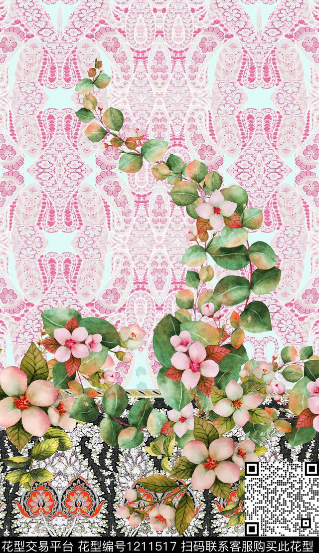 大花花卉定位花数码印花华亿平台下载（图片编号: 1211517） - 瓦栏（Walan）