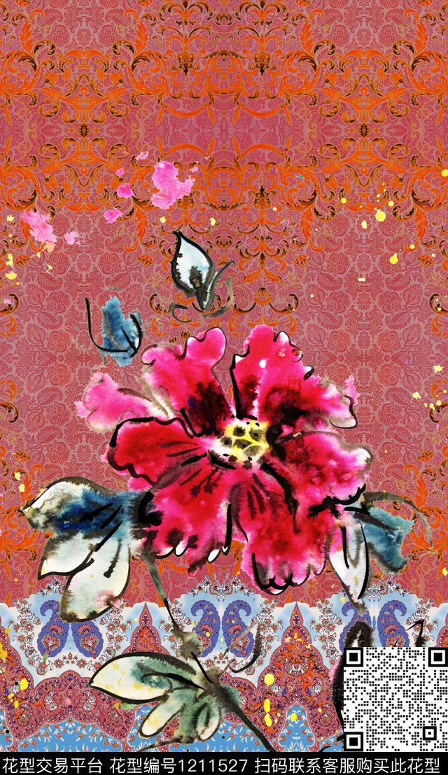大花花卉定位花数码印花华亿平台下载（图片编号: 1211527） - 瓦栏（Walan）