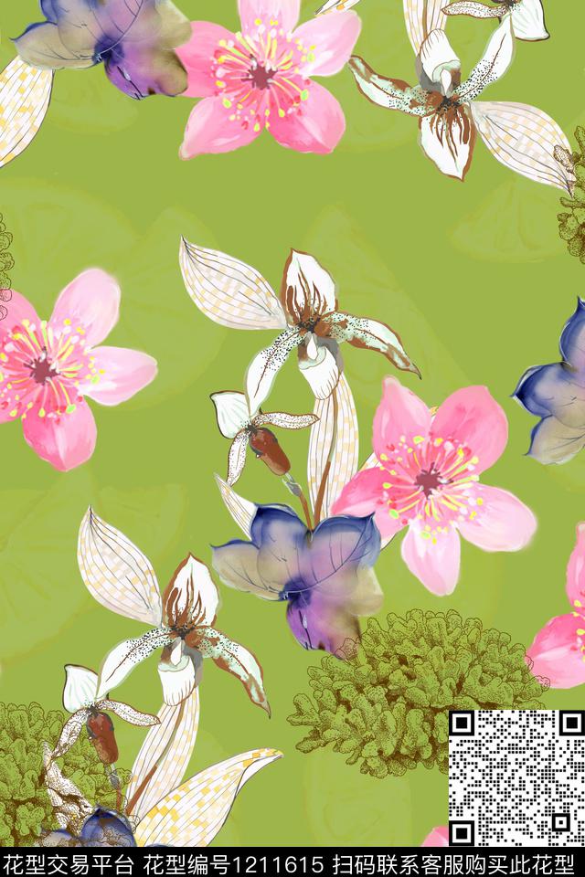 数码华亿平台水彩花卉彩底花卉数码印花华亿平台下载（图片编号: 1211615） - 瓦栏（Walan）