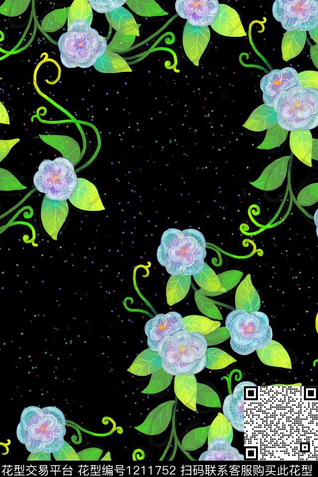 手绘藤蔓卡通数码印花华亿平台下载（图片编号: 1211752） - 瓦栏（Walan）