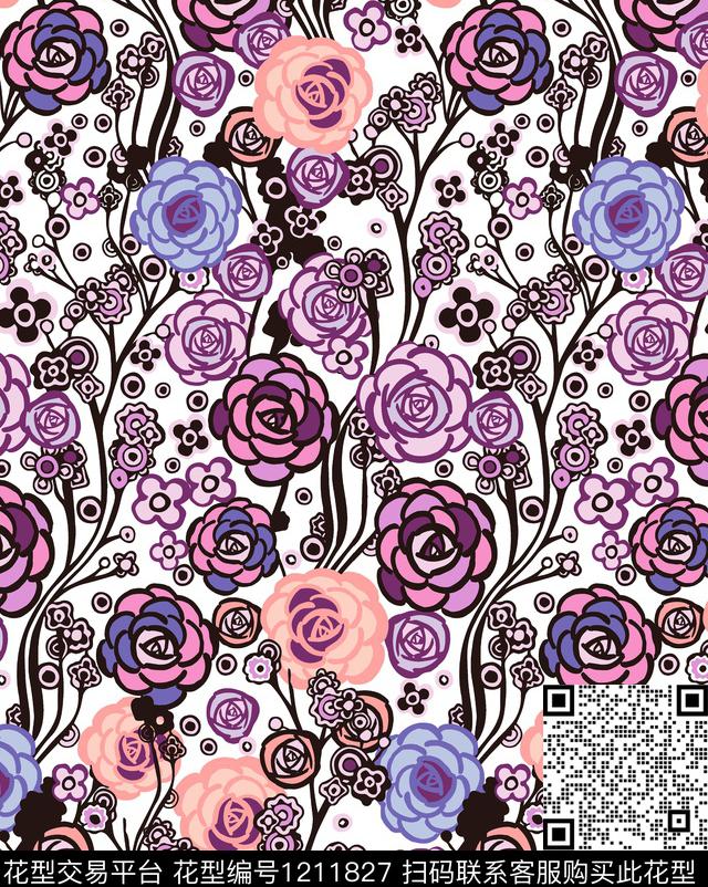 几何花卉线条数码印花华亿平台下载（图片编号: 1211827） - 瓦栏（Walan）