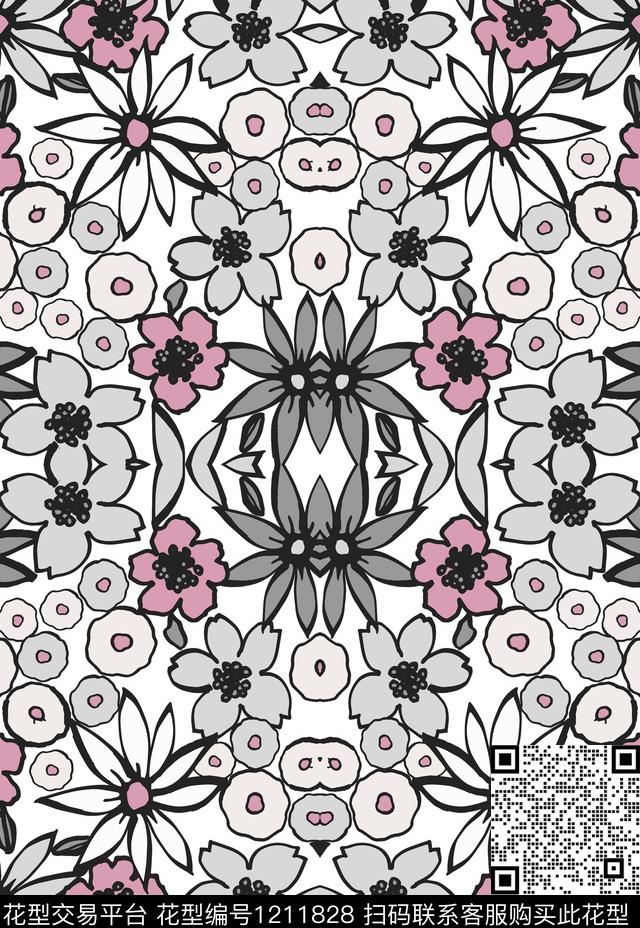几何花卉线条数码印花华亿平台下载（图片编号: 1211828） - 瓦栏（Walan）