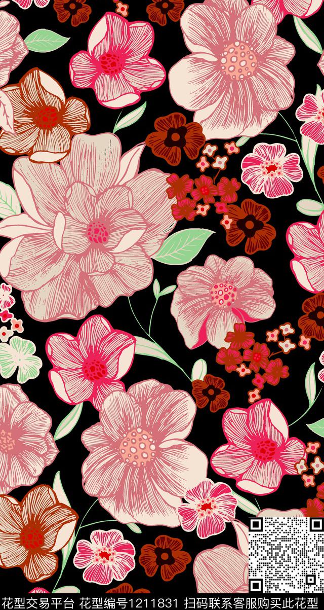 几何花卉线条数码印花华亿平台下载（图片编号: 1211831） - 瓦栏（Walan）