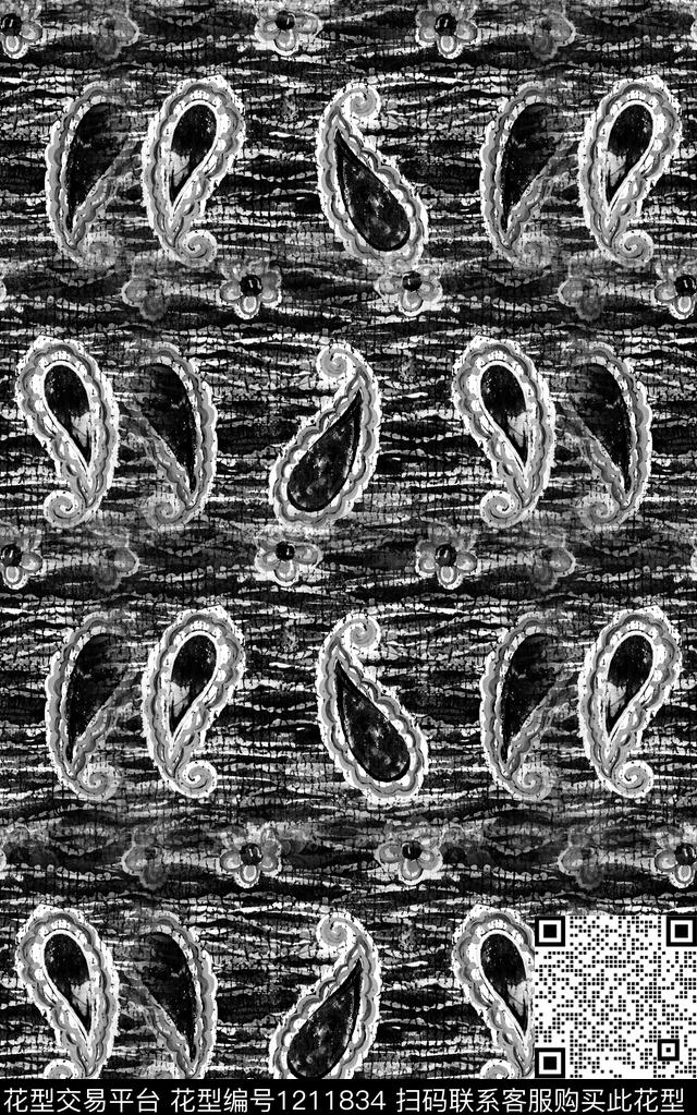 佩斯利肌理黑白华亿平台数码印花华亿平台下载（图片编号: 1211834） - 瓦栏（Walan）