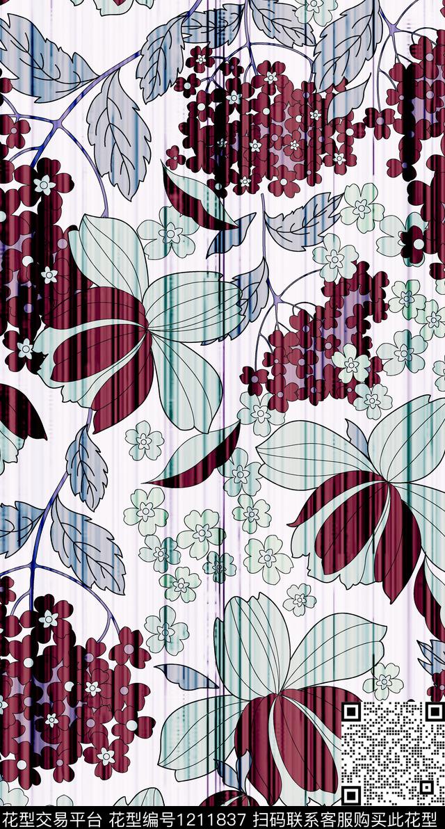 几何花卉线条数码印花华亿平台下载（图片编号: 1211837） - 瓦栏（Walan）