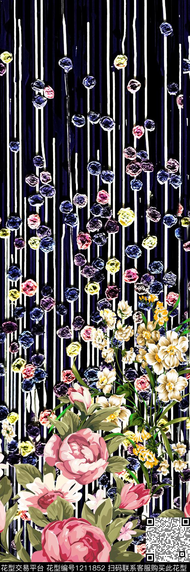 花卉大牌风线条数码印花华亿平台下载（图片编号: 1211852） - 瓦栏（Walan）
