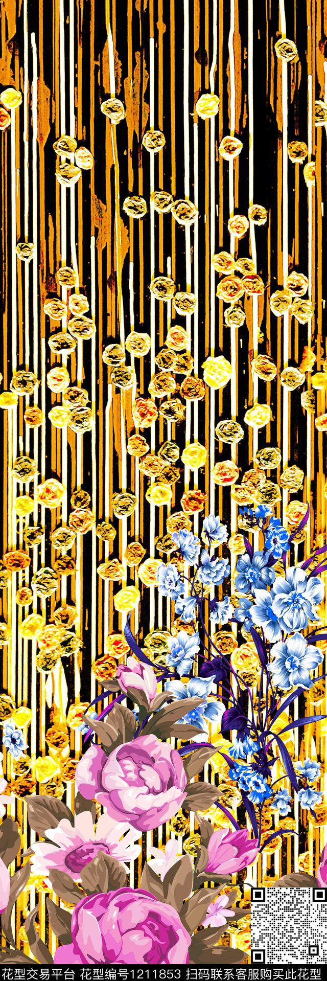 花卉大牌风线条数码印花华亿平台下载（图片编号: 1211853） - 瓦栏（Walan）