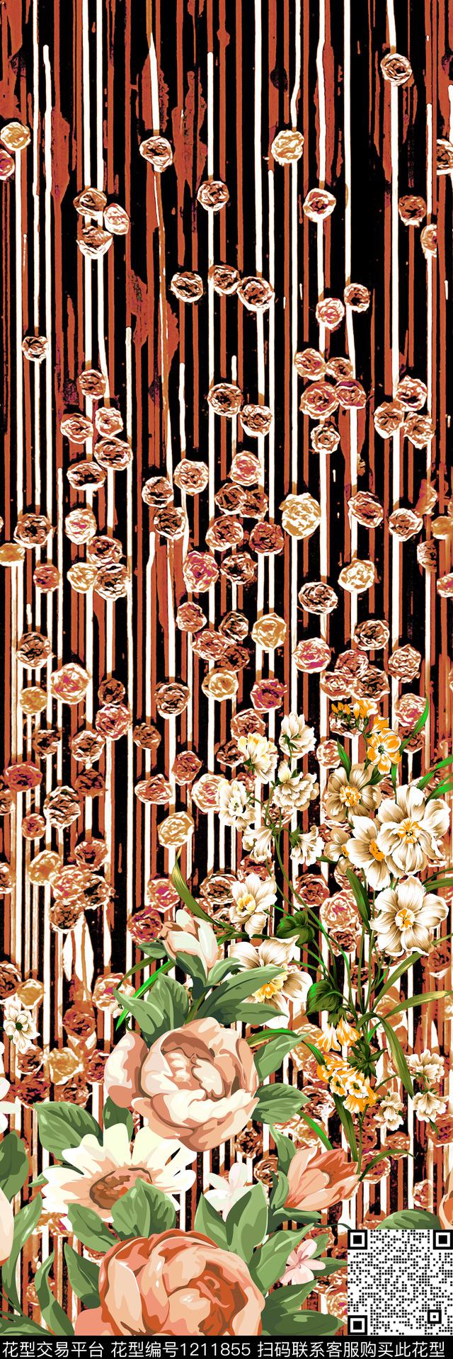 花卉大牌风线条数码印花华亿平台下载（图片编号: 1211855） - 瓦栏（Walan）