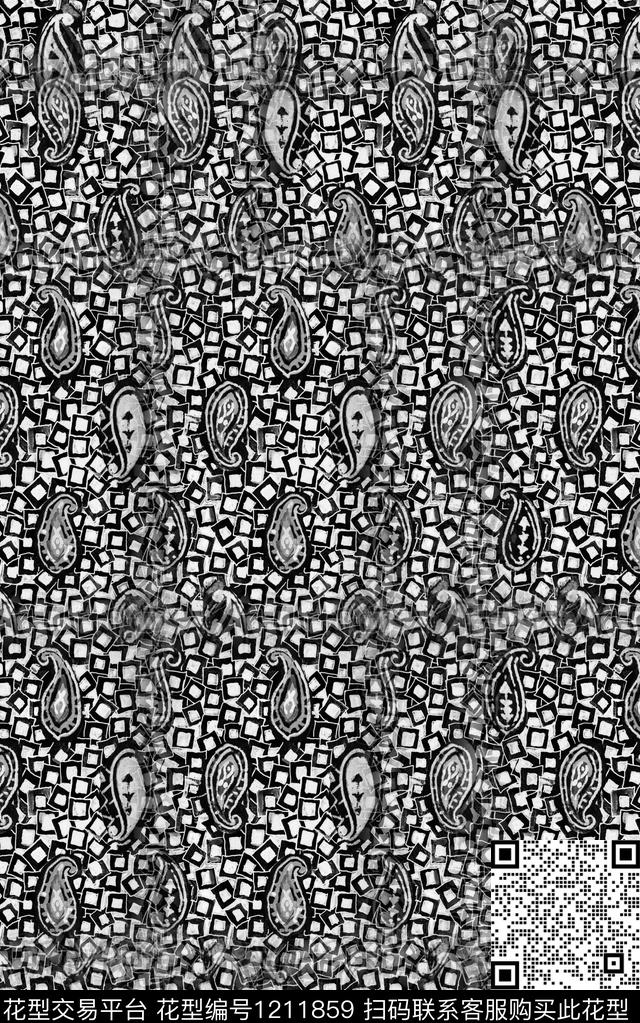 佩斯利肌理黑白华亿平台数码印花华亿平台下载（图片编号: 1211859） - 瓦栏（Walan）