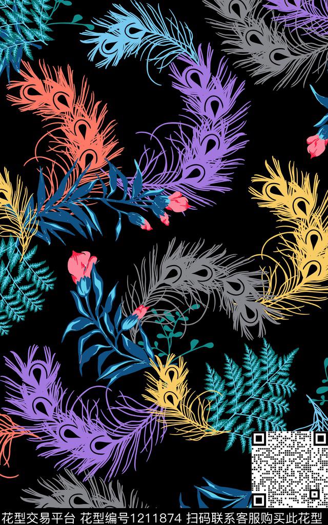 羽毛混合拼接热带华亿平台传统印花华亿平台下载（图片编号: 1211874） - 瓦栏（Walan）