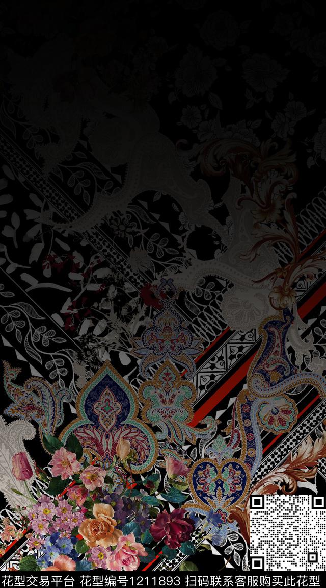 花卉定位花民族风数码印花华亿平台下载（图片编号: 1211893） - 瓦栏（Walan）