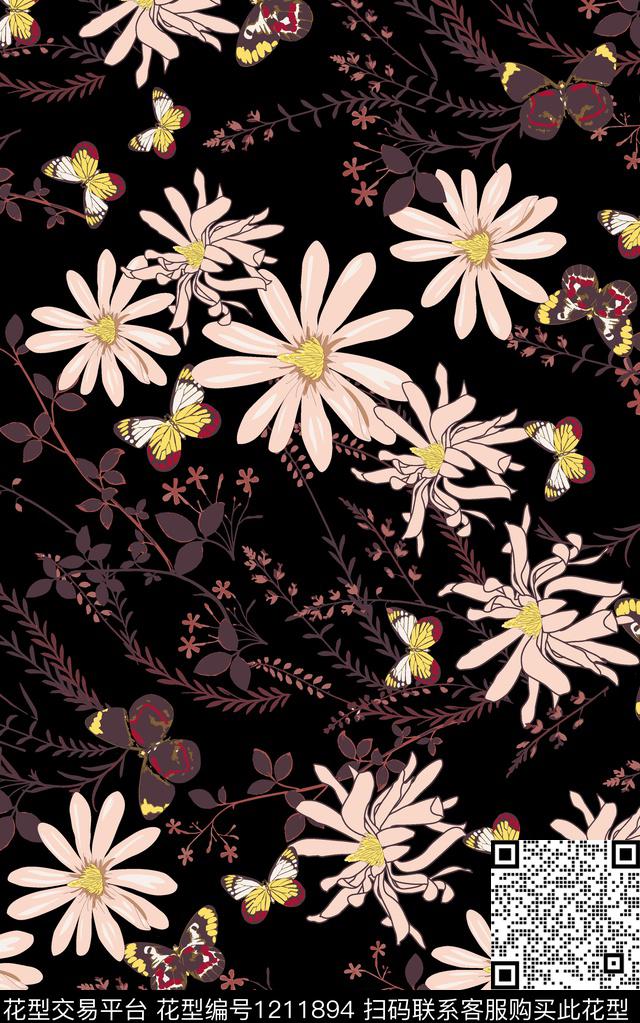 花卉小碎花线条数码印花华亿平台下载（图片编号: 1211894） - 瓦栏（Walan）
