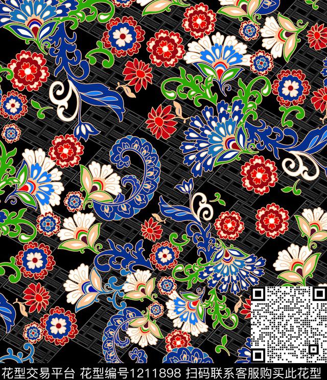 格子花卉民族风数码印花华亿平台下载（图片编号: 1211898） - 瓦栏（Walan）