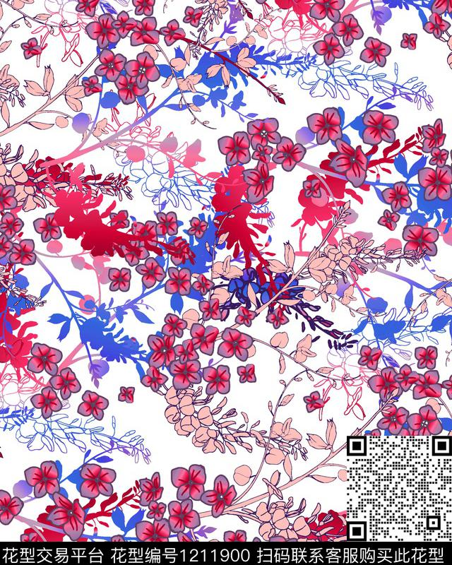 花卉小碎花线条数码印花华亿平台下载（图片编号: 1211900） - 瓦栏（Walan）