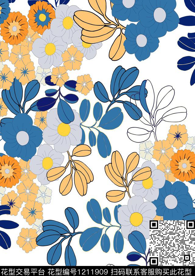花卉小碎花线条数码印花华亿平台下载（图片编号: 1211909） - 瓦栏（Walan）