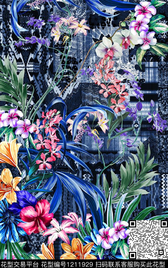 几何花卉线条数码印花华亿平台下载（图片编号: 1211929） - 瓦栏（Walan）