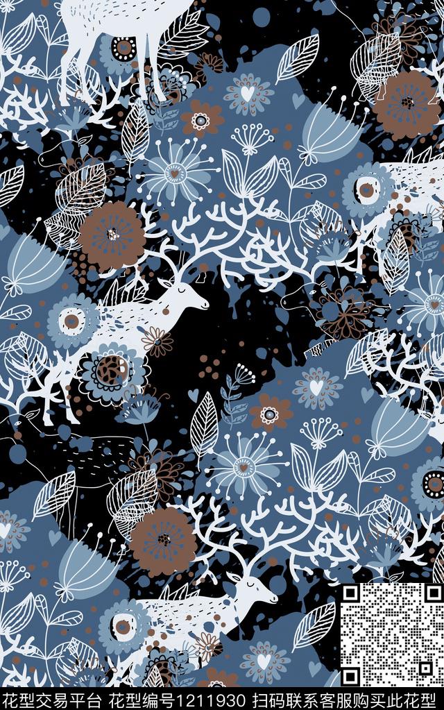 几何花卉线条数码印花华亿平台下载（图片编号: 1211930） - 瓦栏（Walan）