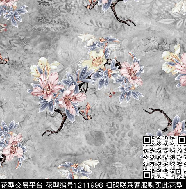 女装清爽底花卉花卉数码印花华亿平台下载（图片编号: 1211998） - 瓦栏（Walan）