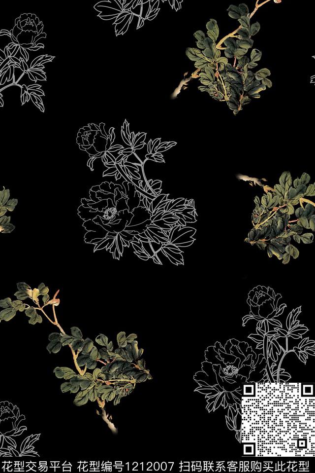 国画男装线条花卉数码印花华亿平台下载（图片编号: 1212007） - 瓦栏（Walan）