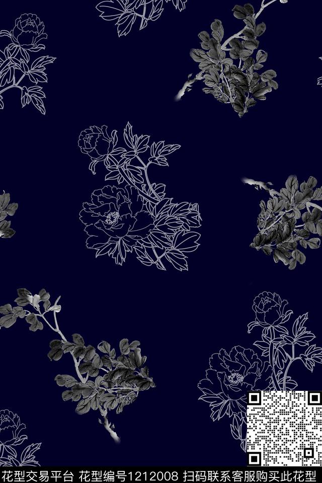 国画男装线条花卉数码印花华亿平台下载（图片编号: 1212008） - 瓦栏（Walan）