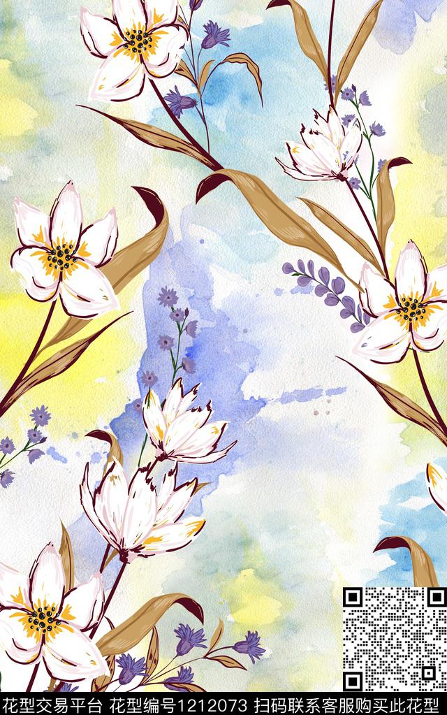 涂鸦线条花卉手绘花卉数码印花华亿平台下载（图片编号: 1212073） - 瓦栏（Walan）