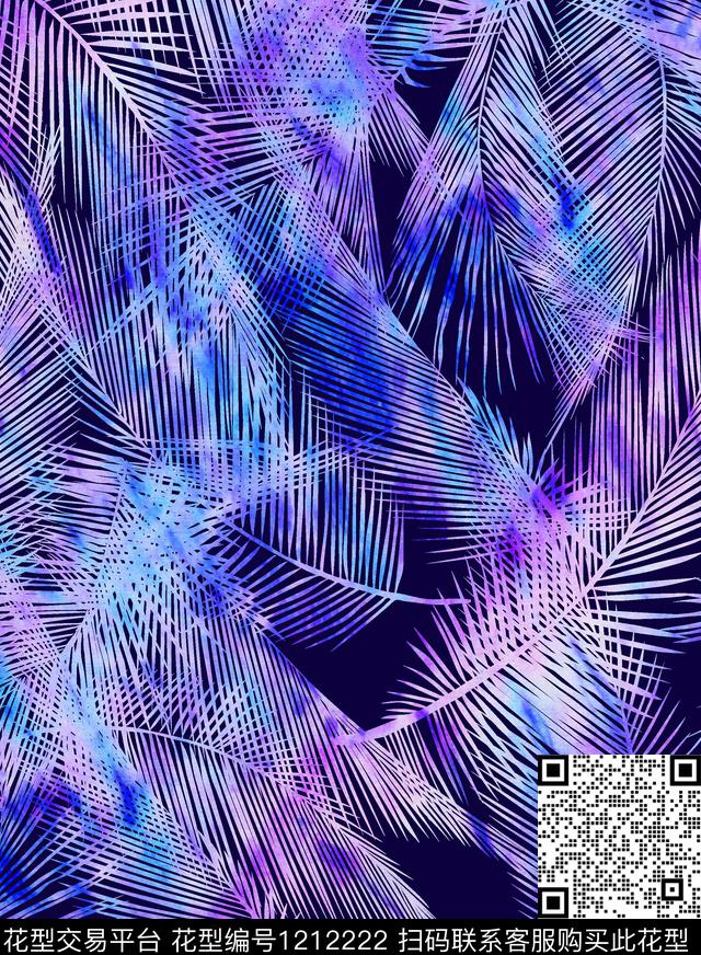 春夏华亿平台藏青底渐变叶子数码印花华亿平台下载（图片编号: 1212222） - 瓦栏（Walan）