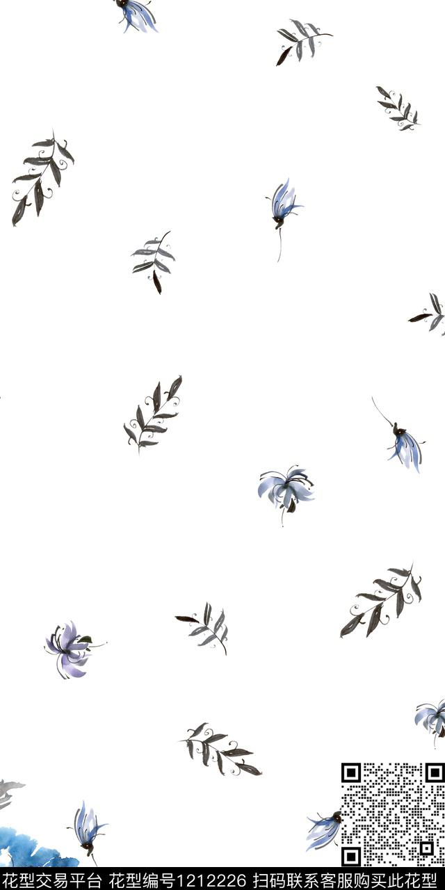 文艺中国风定位花水墨风数码印花华亿平台下载（图片编号: 1212226） - 瓦栏（Walan）