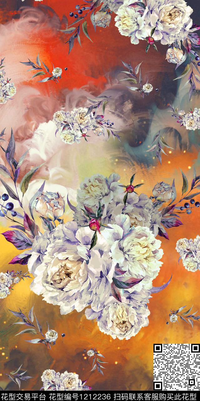 肌理彩底花卉数码印花华亿平台下载（图片编号: 1212236） - 瓦栏（Walan）