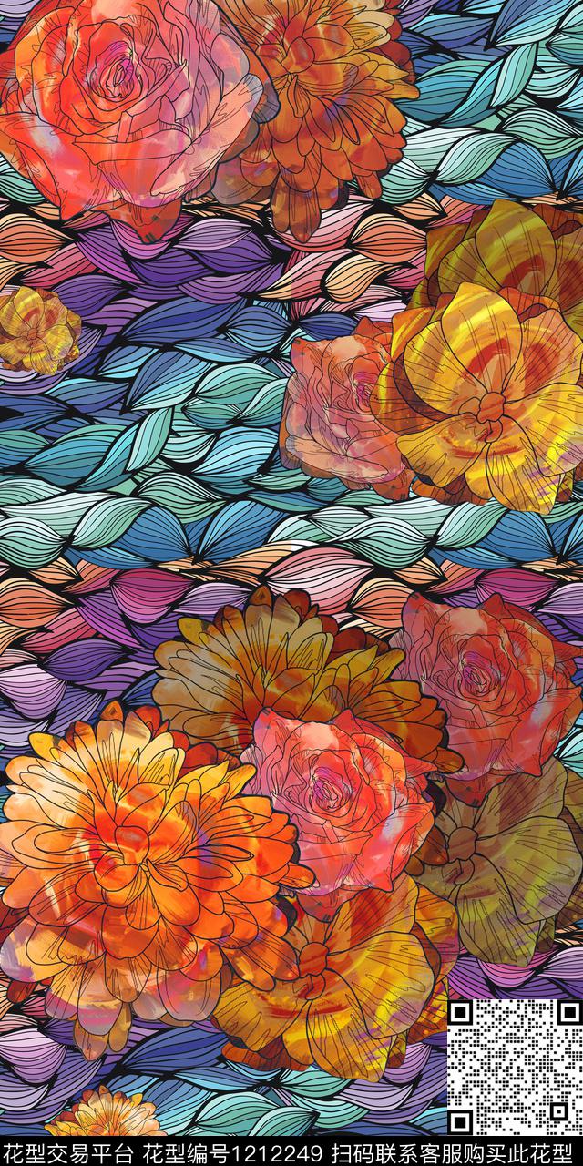 几何花卉肌理彩底花卉数码印花华亿平台下载（图片编号: 1212249） - 瓦栏（Walan）