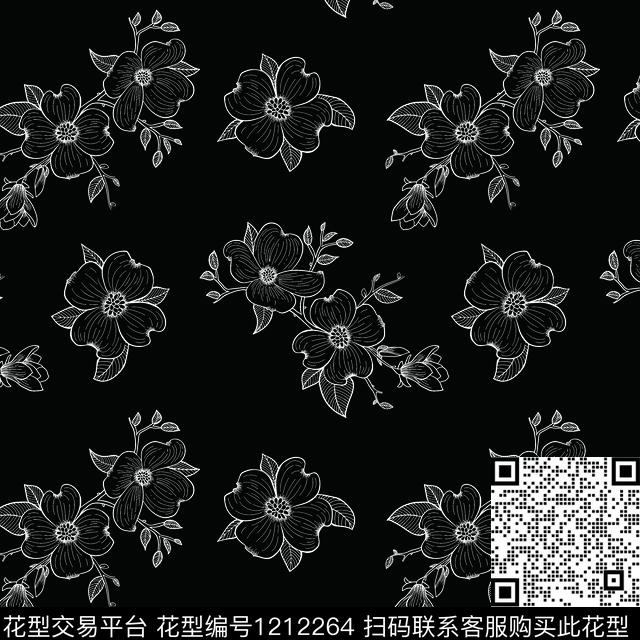 小清新线条花卉淑女数码印花华亿平台下载（图片编号: 1212264） - 瓦栏（Walan）