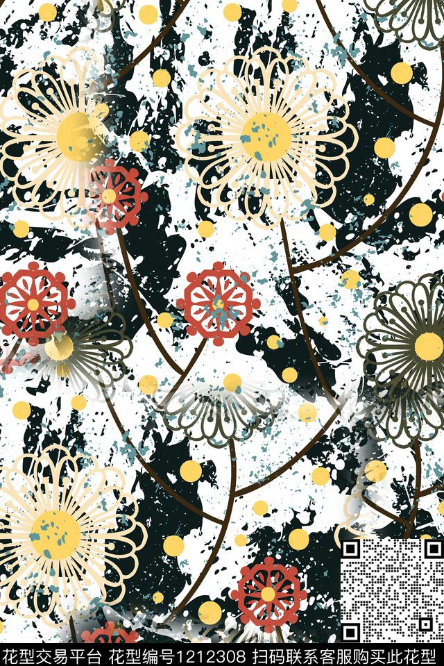 线条画涂鸦抽象数码印花华亿平台下载（图片编号: 1212308） - 瓦栏（Walan）