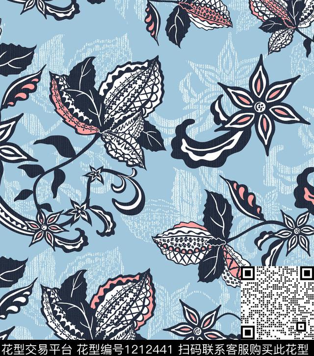 几何几何花卉黑白华亿平台传统印花华亿平台下载（图片编号: 1212441） - 瓦栏（Walan）