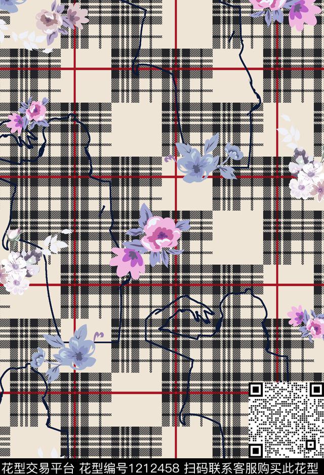 几何格子花卉数码印花华亿平台下载（图片编号: 1212458） - 瓦栏（Walan）