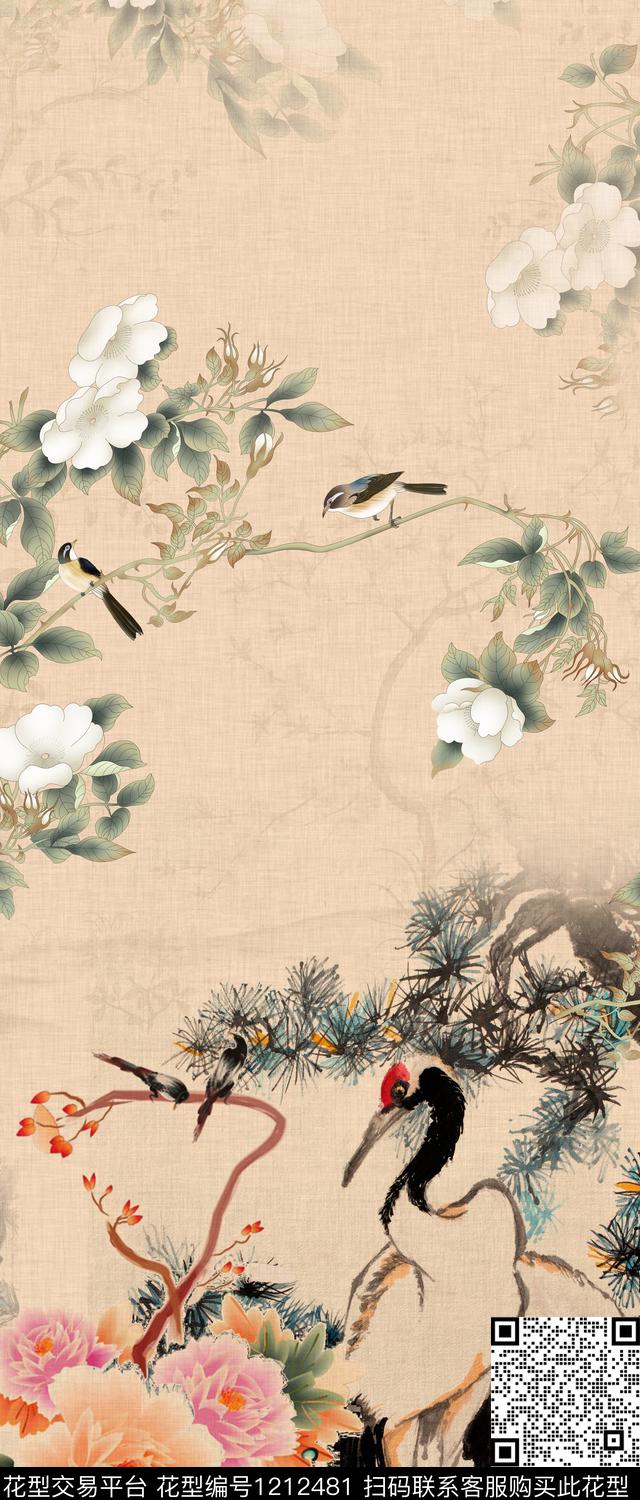 仙鹤中国风定位花牡丹数码印花华亿平台下载（图片编号: 1212481） - 瓦栏（Walan）