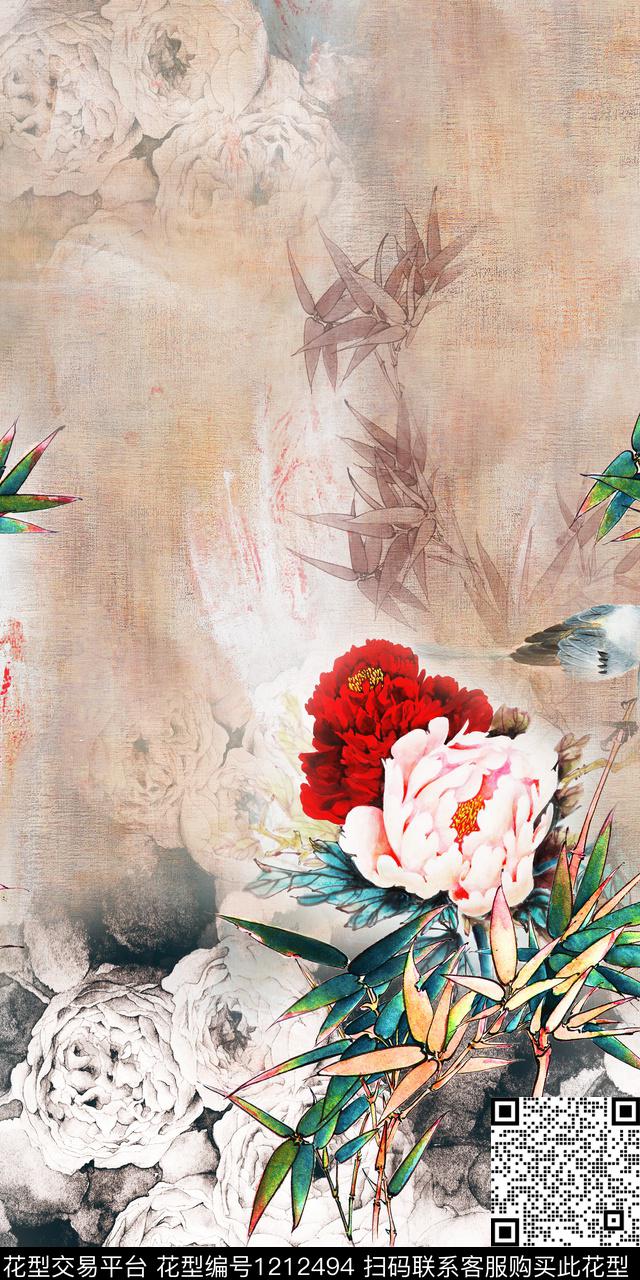 花卉定位花中国风数码印花华亿平台下载（图片编号: 1212494） - 瓦栏（Walan）