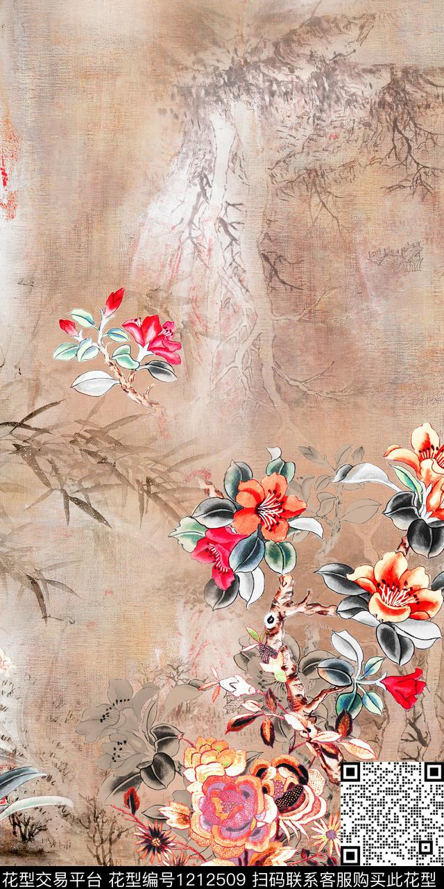 花卉定位花中国风数码印花华亿平台下载（图片编号: 1212509） - 瓦栏（Walan）