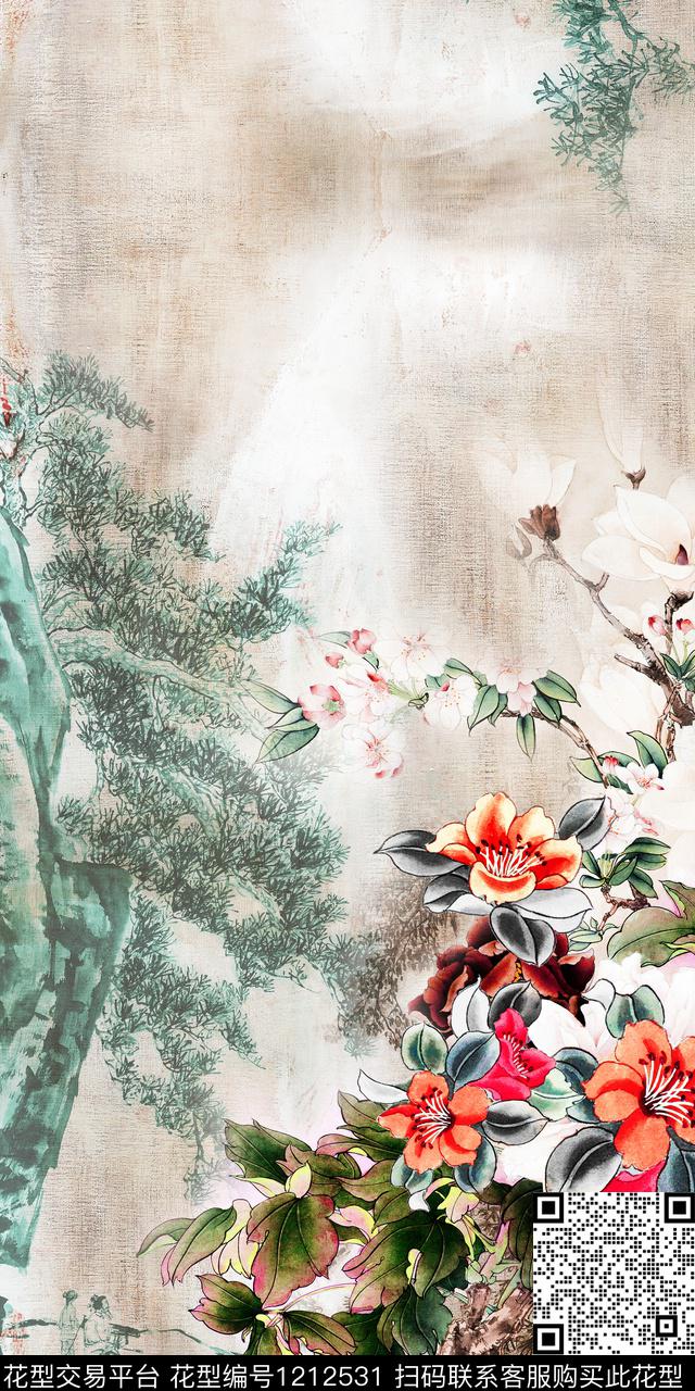花卉定位花中国风数码印花华亿平台下载（图片编号: 1212531） - 瓦栏（Walan）
