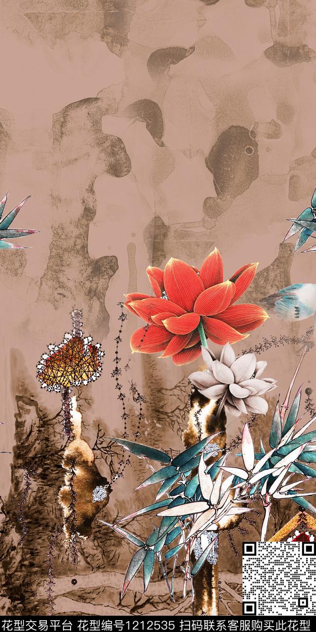 花卉定位花中国风数码印花华亿平台下载（图片编号: 1212535） - 瓦栏（Walan）