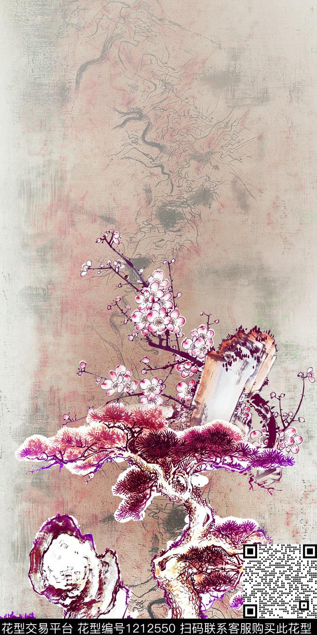 花卉定位花中国风数码印花华亿平台下载（图片编号: 1212550） - 瓦栏（Walan）
