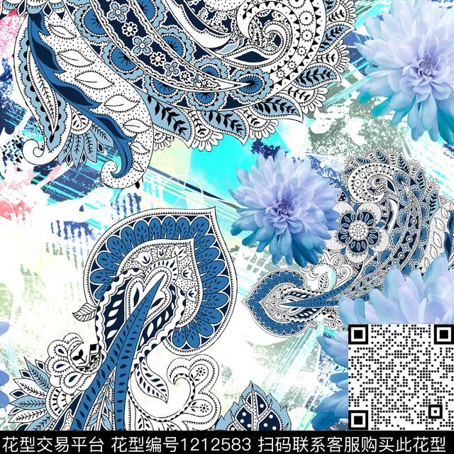 清爽底花卉几何花卉春夏华亿平台数码印花华亿平台下载（图片编号: 1212583） - 瓦栏（Walan）